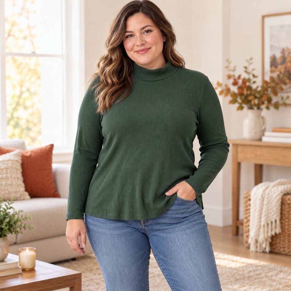 Old Navy Plush Tee Turtleneck Ribbed Top Women's XXL Long Sleeve Dark Green Knit